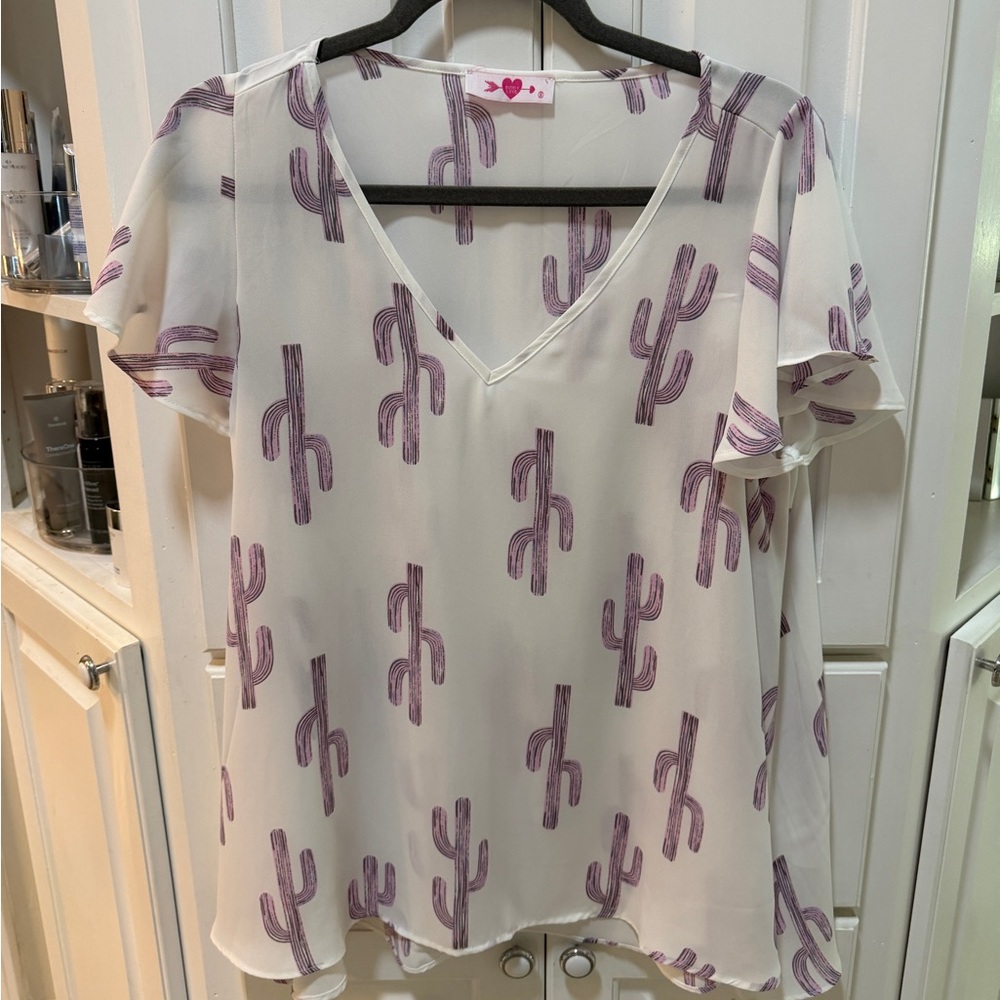 BuddyLove Avril Cactus Print Blouse Small White Pink Flutter Sleeve V-Neck